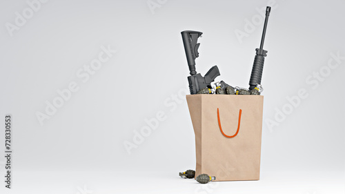 3D render of assault rifles and hand grenades in paper bag symbolizing arms trade photo