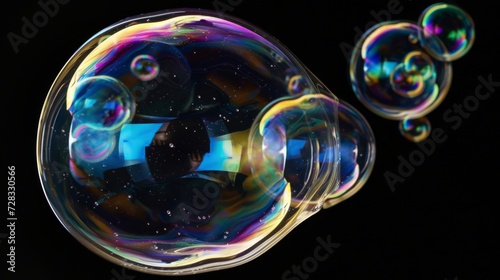 Closeup of a shiny soap bubbles with reflection on black background