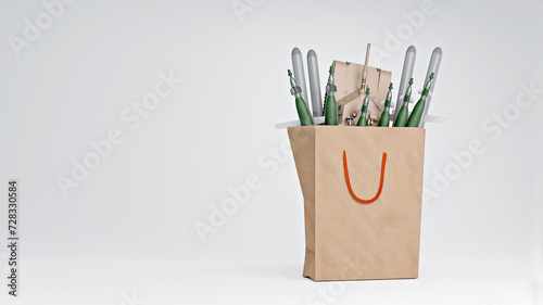 3D render of tank and missiles in paper bag symbolizing arms trade photo