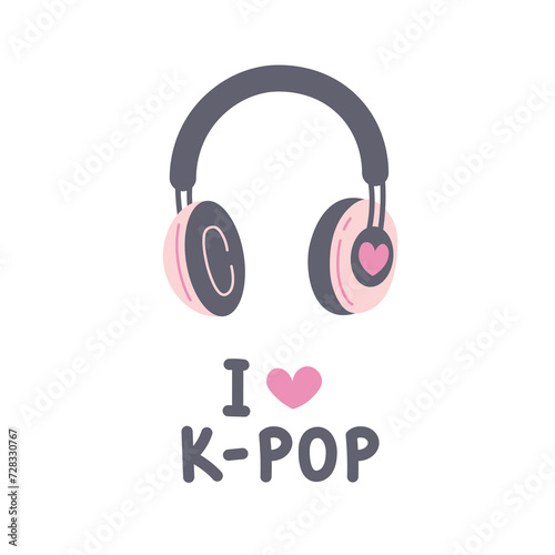 I love k-pop text with headphones and heart. Popular South Korean music vector illustration. Earphones and handwritten phrase for t shirt print, card, badge, sticker