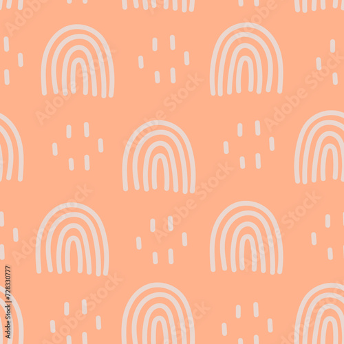 Hand drawn orange seamless pattern with rainbow. Cute childish design. Simple abstract background with arch shapes and dots for kids, wallpaper, fabric, textile, greeting card. Vector illustration