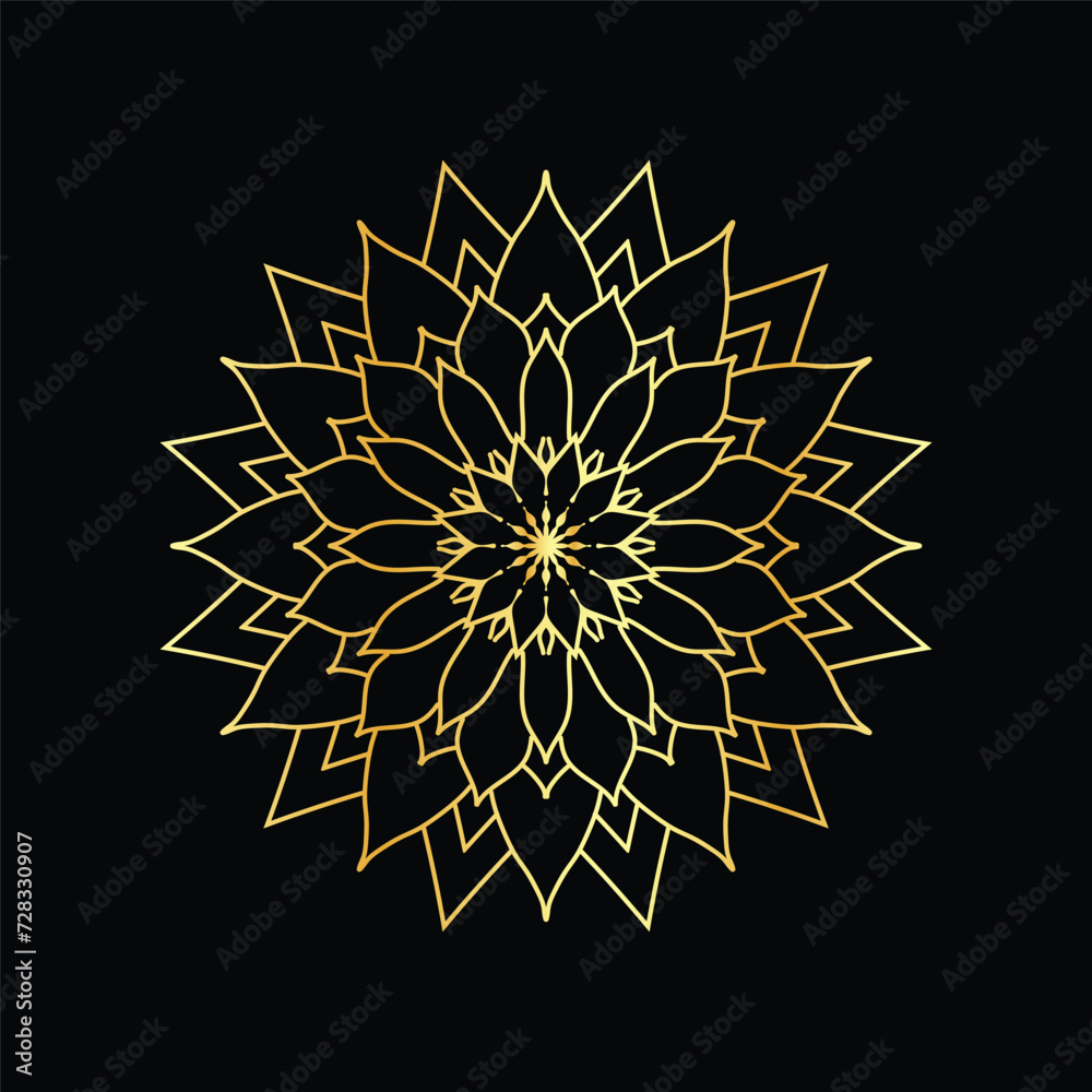 Golden mandala on a black background, vector illustration.