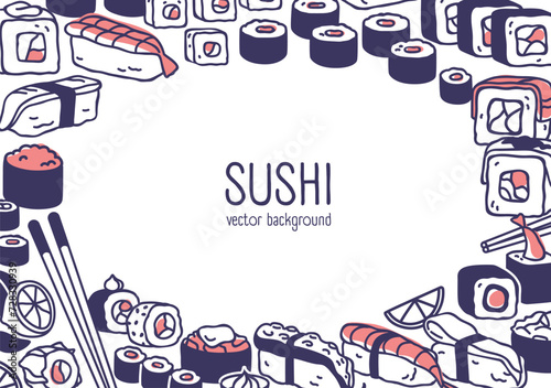 Sushi bar, Asian food background. Japanese cuisine, Japan rolls, maki, framed backdrop. Asia meal, nori, rice, salmon, chopsticks, restaurant banner design template. Isolated flat vector illustration