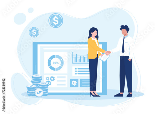businessman invests money and cartoon investor takes credit for investment. partnership  money concept flat illustration