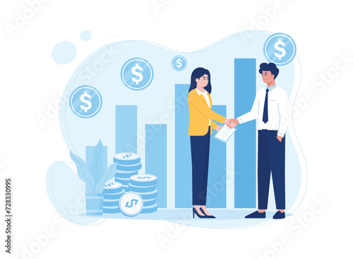 businessman invests money and cartoon investor takes credit for investment. partnership  money concept flat illustration
