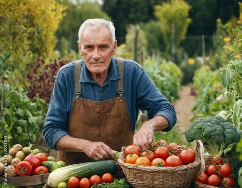Portrait of an elderly farmer in nature. AI generation
