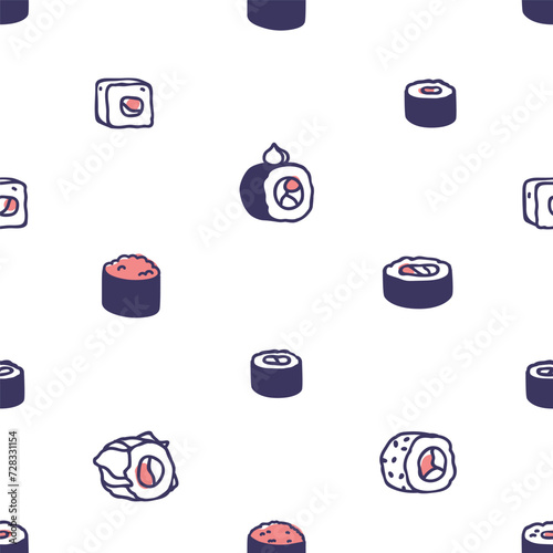 Sushi, seamless Asian food pattern design. Japanese rolls, endless background, texture. Japan Asia maki, repeating print for textile, wrapping, package, decoration. Printable flat vector illustration