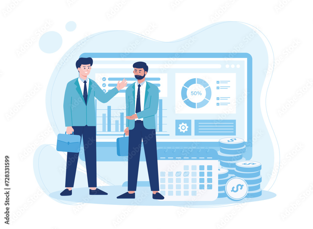 two business people communicating discussing business growth concept flat illustration two business people communicating discussing business growth concept flat illustration