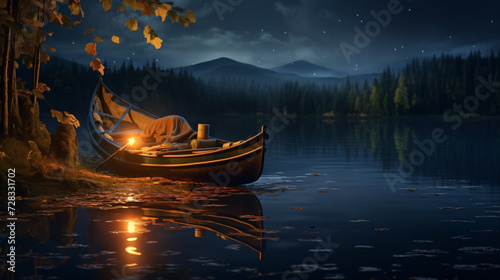  canoe sitting on a lake with a blanket and lanter photo