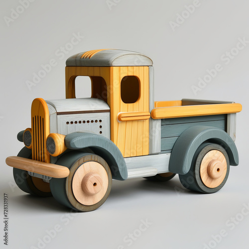 Classic wooden truck toy on a gray background AI Generative.
