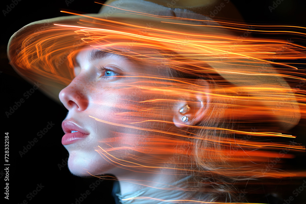 Portrait of a woman with a hat. Light trails above face. Expressive. 