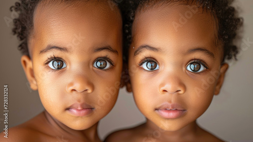 A pair of young identical twins confidently gaze into the camera's lens