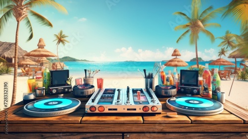 Vibrant beach party scene: dj console with refreshing beers and colorful cocktails