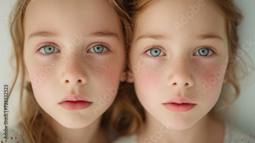 A pair of young identical twins confidently gaze into the camera's lens photo