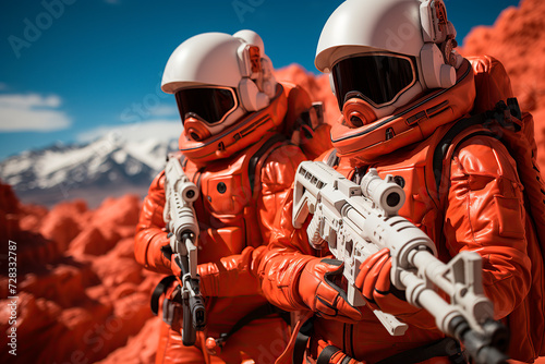 Two astronauts in bright orange suits holding rifles on a red rocky terrain.