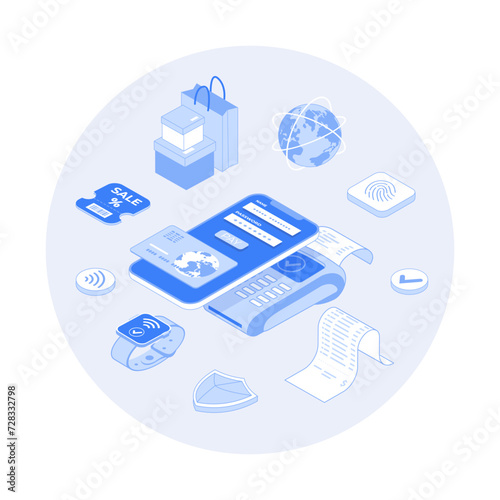Mobile contactless payment. PayPass, NFC payments. Scanning QR code. POS terminal, phone and smart watch. Vector outline illustration with isometry scene for web graphic