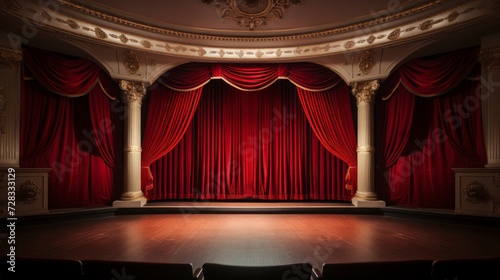 An upscale empty theater stage with dramatic, floor-to-ceiling red curtains and a classic backdrop.