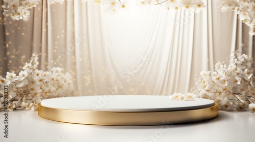 An opulent spring fashion stage with minimalistic gold and white decor, exudi...