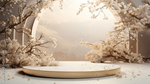 An opulent spring fashion stage with minimalistic gold and white decor, exudi...