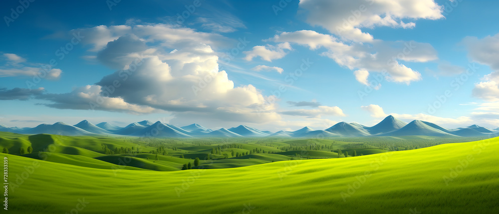 Natural landscape with green meadows, blue sky with clouds and mountains in the background.
