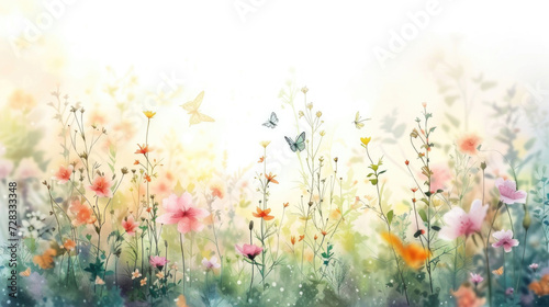 A watercolor painting of meadow blossoms surrounded by floating butterflies © Veniamin Kraskov