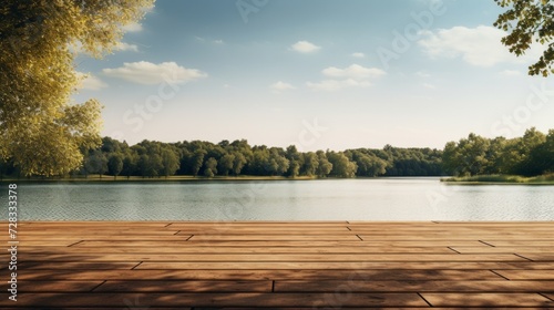 An unoccupied stage on a tranquil riverside, with gentle waters and a serene ...