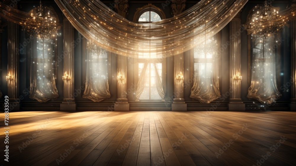 An opulent empty event stage with a shimmering crystal curtain backdrop and grandeur - obrazy, fototapety, plakaty 