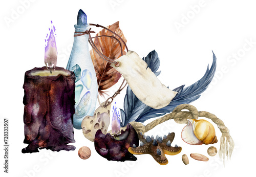 Hand drawn watercolor sea witch altar objects. Glass vial precious stones feathers knot rope burning candle shell starfish beads. Composition isolated on white background. Design for print, shop magic photo
