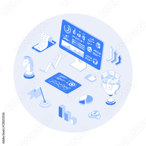 Business success and achievements. Successful startup. Planning, working, management, marketing for financial profit growth. Vector outline illustration with isometry scene for web graphic