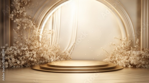 An opulent spring fashion stage with minimalistic gold and white decor, exudi...