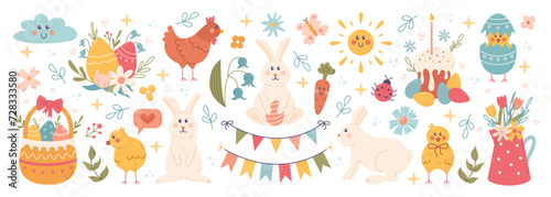 Fototapeta Naklejka Na Ścianę i Meble -  Happy Easter cute vector big set. Rabbit, egg, flower and other spring elements. Vector cartoon illustration