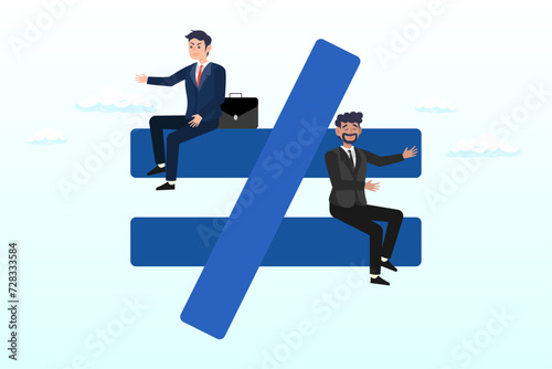 Unfairness symbol with person of colour at the bottom, human inequality, injustice, discrimination, racism as global social issue concept, upper class business man sitting on top of injustice (Vector)
