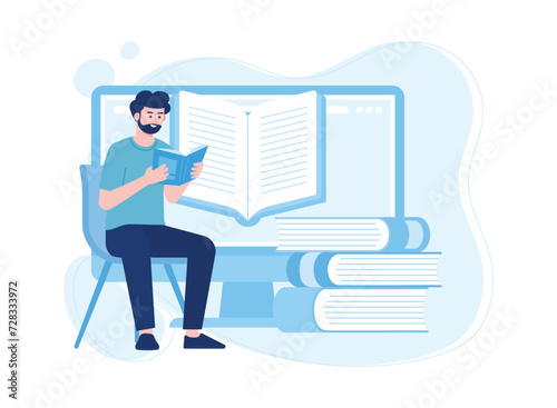 man reading book onlie concept online library concept flat illustration