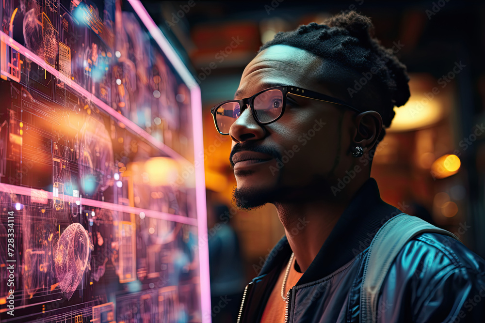 Visionary Spectacles: African american man wearing glasses becomes entranced as he gazes at captivating display, illuminated by enigmatic glow. Visionary Spectacles: African american man wearing glasses becomes entranced as he gazes at captivating display, illuminated by enigmatic glow.