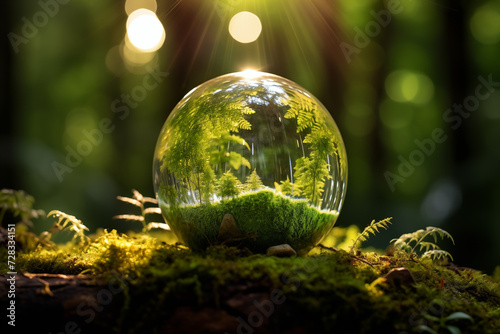 Governance Crystal globe placed on moss in forest There is sunlight shining through Concepts of ESG © TPS Studio