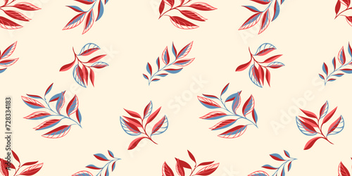 Minimalist abstract seamless pattern with tropical creative tiny branches leaves. Vector hand drawn sketch shapes leaf stems on a beige background. Template for design, printing, fabric