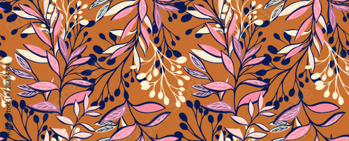 Creative stylized branches leaves stems seamless pattern. Abstract tropical floral printing on a saturated yellow background. Vector hand drawn illustration. Template for design, textile, fashion