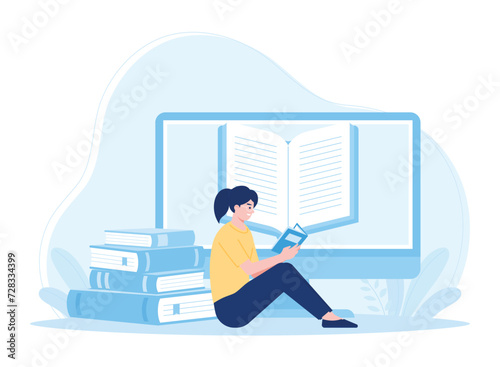 woman reading book onlie concept online library concept flat illustration