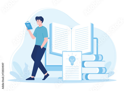 man reading book online and thinking concept flat illustration