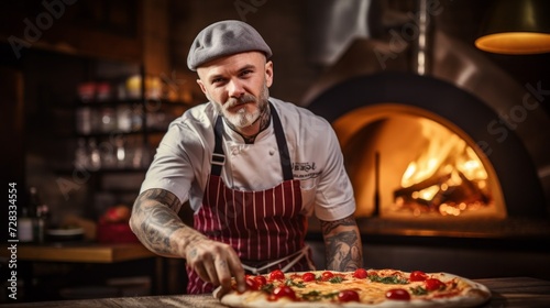 A professional male chef prepares pizza in an Italian pizzeria against the background of an oven with fire. A restaurant or cafe with delicious organic products.