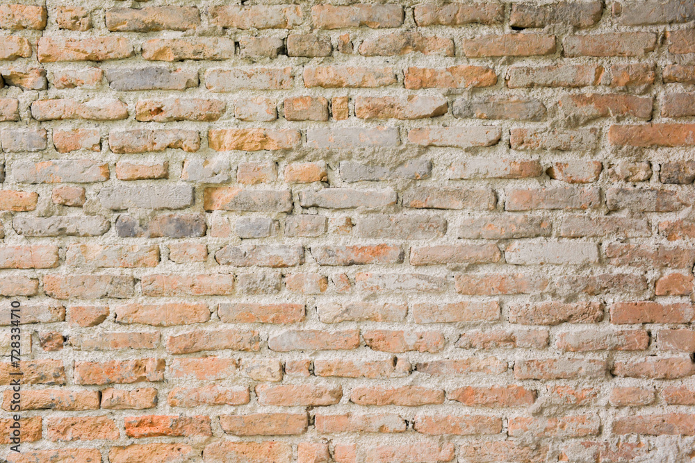 The textured background of an old red brick wall has cracks of loose plaster. The textured background of an old red brick wall has cracks of loose plaster.