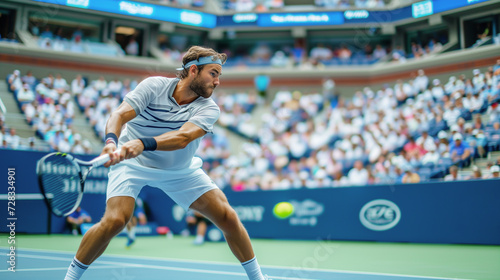 Expressive emotional portrait of an athlete tennis player kicking the ball during a match.