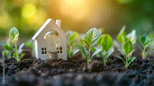 Eco friendly house model with light bulb for real estate idea and green electricity concept