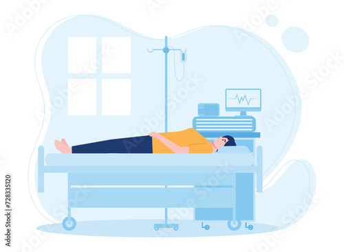 The patient is lying in bed in the intensive therapy room concept flat illustration