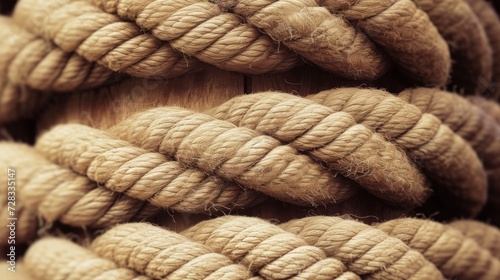 Bold rope. Closeup of thick nautical ropes. Heavy strong ropes background.