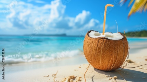 Summer concept coconut juice on tropical beach 