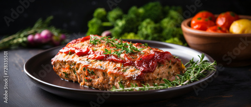 Plate with tasty baked turkey meatloaf