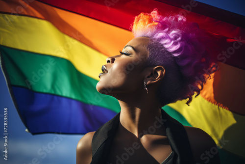 Black woman with colorful hair against the background of the LGBT flag. Pride month.