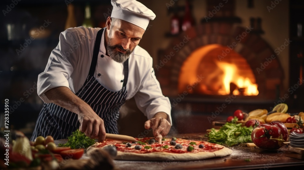 A professional chef prepares pizza, adds ingredients, sauce in an Italian pizzeria against the background of an oven with fire. A restaurant or cafe with delicious organic products.