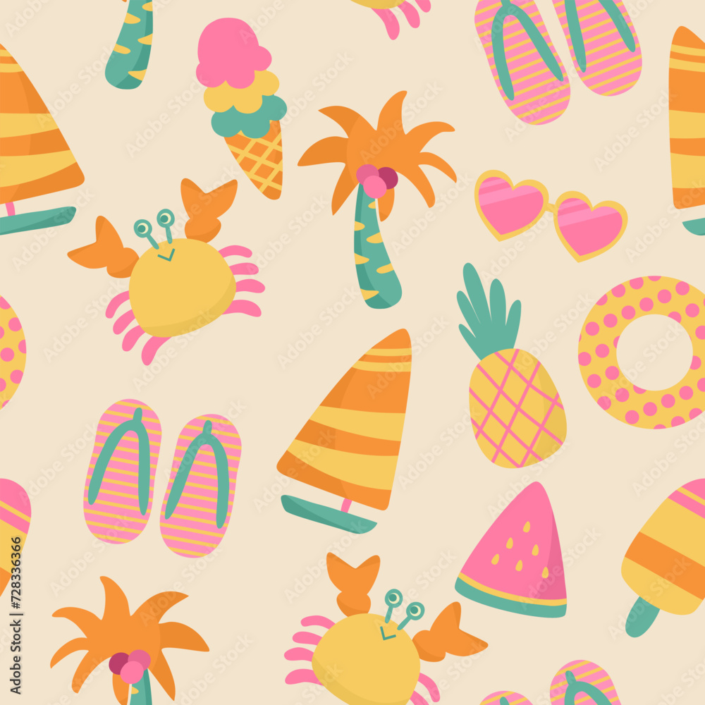 seamless pattern with set summer hand drawn ice cream, lifebuoy, sandals, sunglasses, crab, pineapple, coconut, ship, watermelon vector illustration design for Textiles, printed materials, fabric